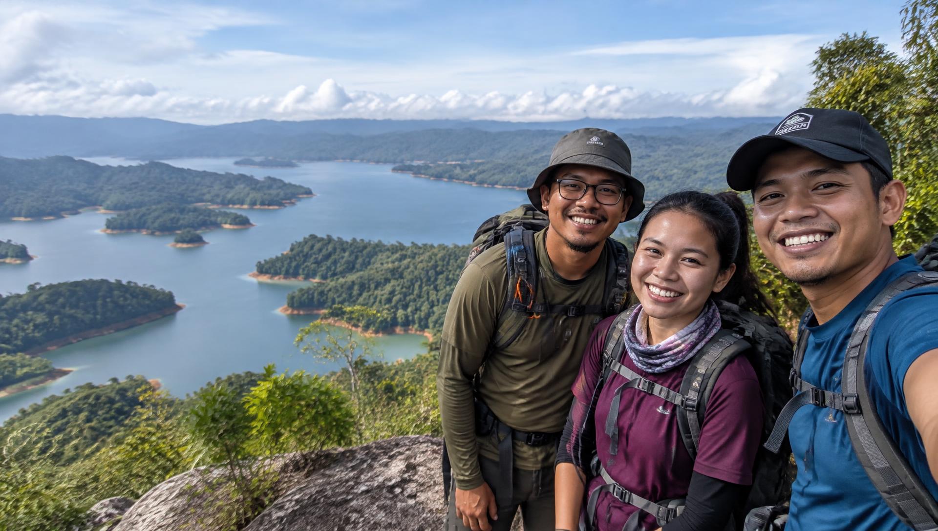 Three smiling adventurers on a rainforest hilltop overlooking a lake in Malaysia